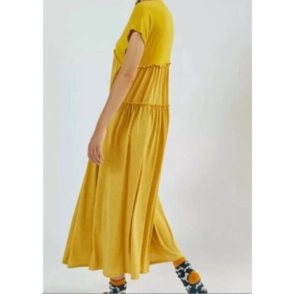 Anthropologie Saturday/Sunday Golden Yellow Tiered Midi Dress Size S Cozy - Picture 7 of 7